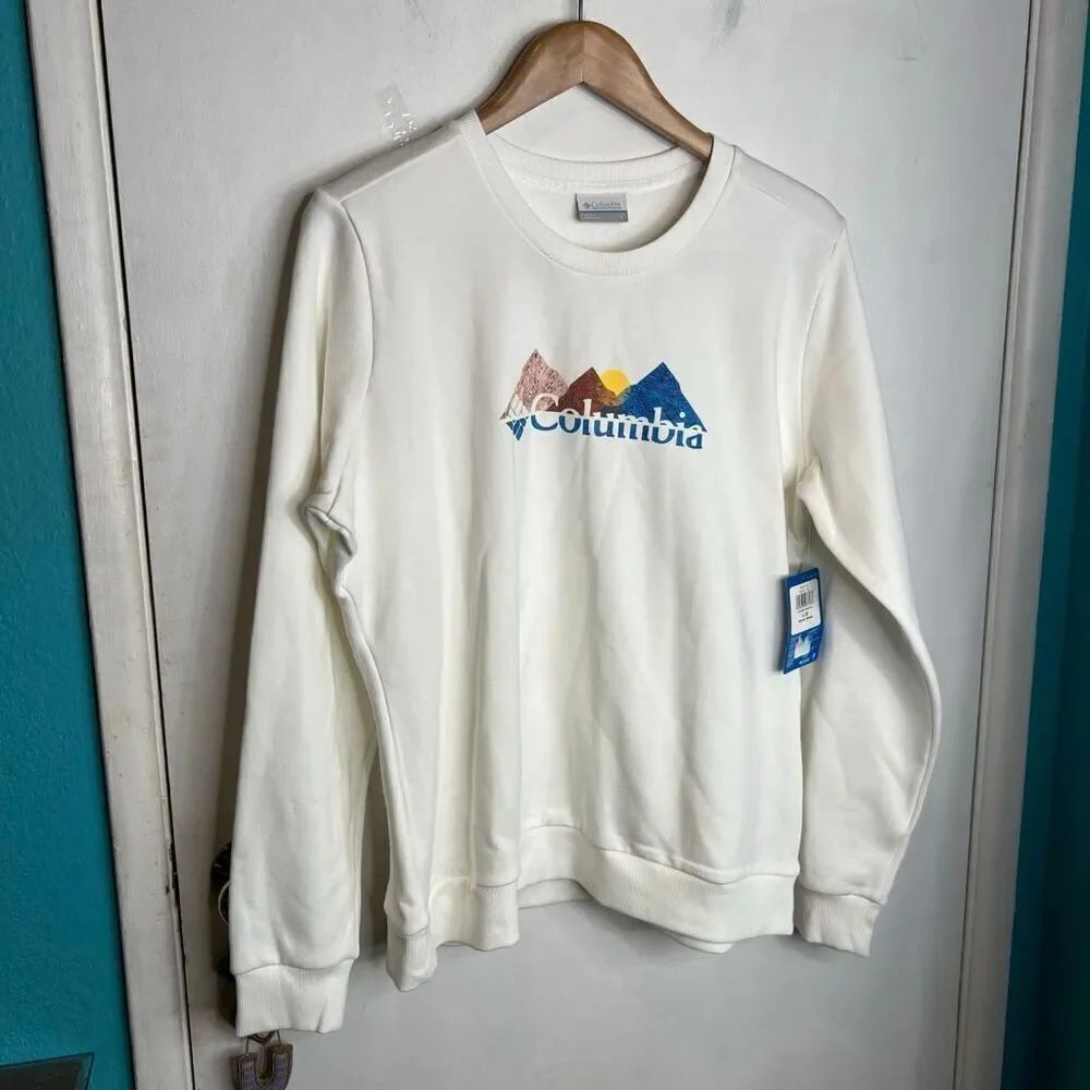 This is a Columbia Hart Mountain II Crew sweatshirt in white or cream with a mul